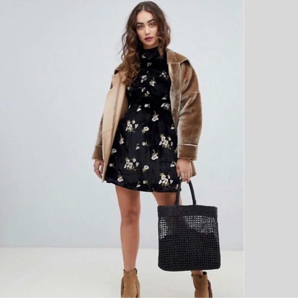 Free People Black Velvet Floral Mini Dress Size 0 - Picture 14 of 14